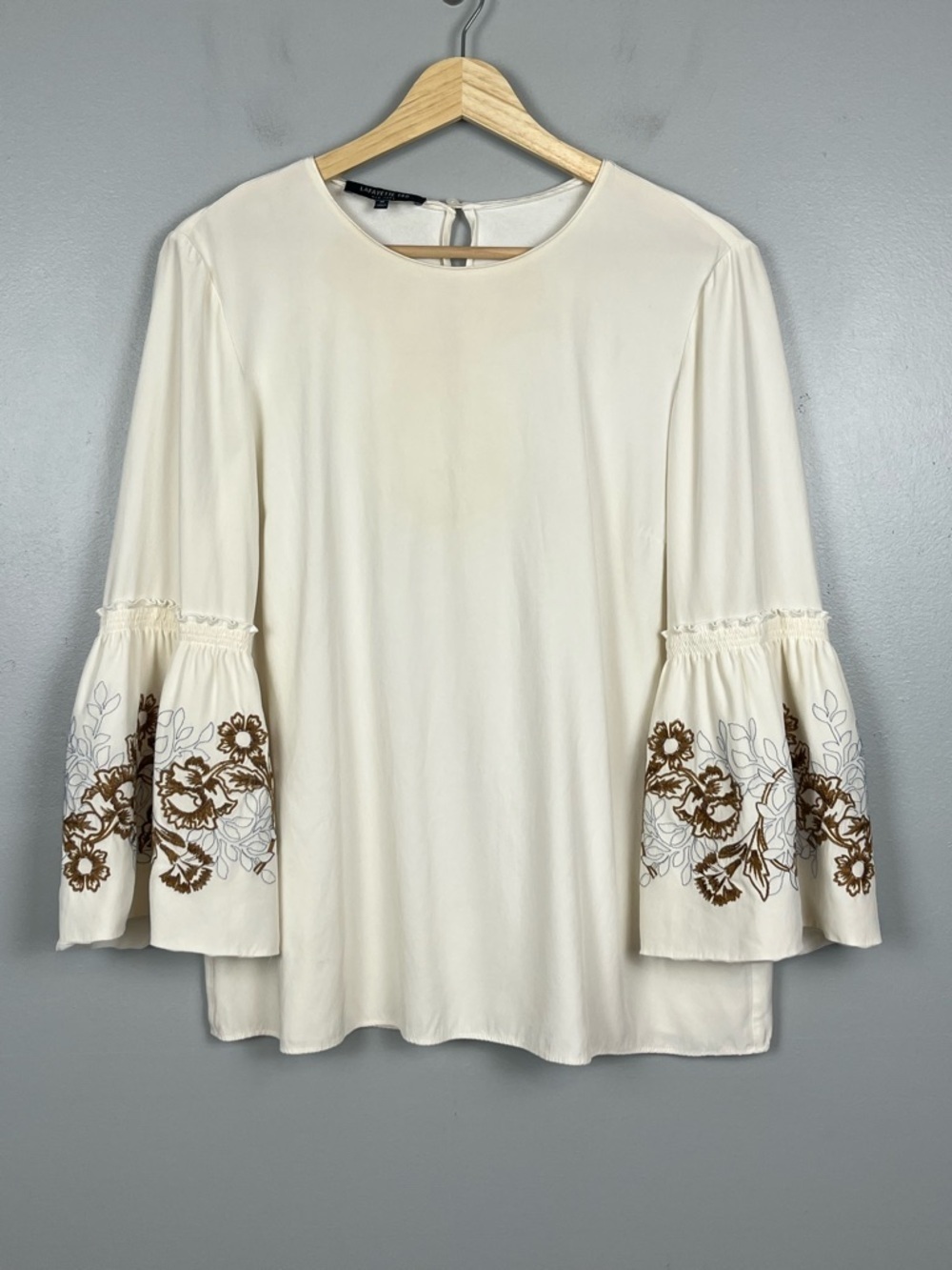 Lafayette 148 100% silk ivory embroidered bell sleeve blouse, medium.